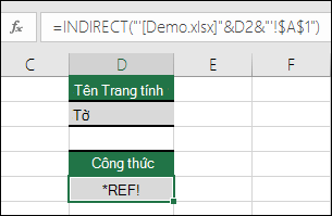 Ví dụ về lỗi #REF! xảy ra do hàm INDIRECT tham chiếu sổ làm việc đã đóng.
