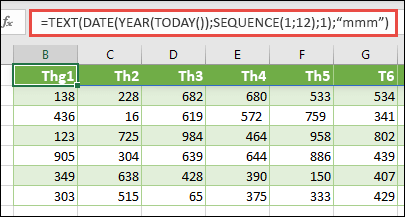 Sử dụng tổ hợp hàm TEXT, DATE, YEAR, TODAY và SEQUENCE để xây dựng danh sách động gồm 12 tháng
