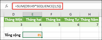 Dùng hằng số mảng trong công thức. Trong ví dụ này, chúng tôi đã sử dụng =SUM(D9:H(*SEQUENCE(1,5))