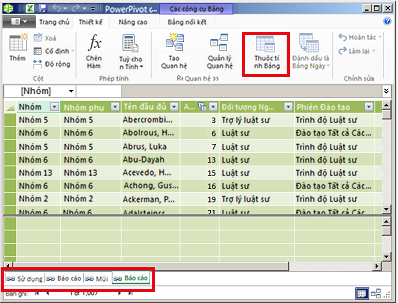 Cửa sổ PowerPivot được chia theo tab