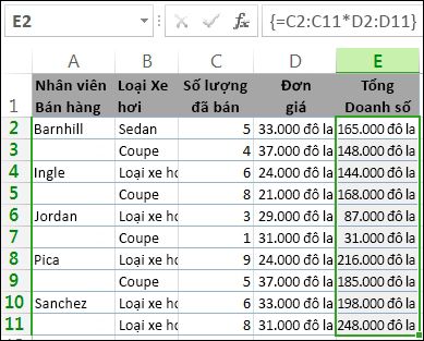 Các tổng số trong cột E do công thức mảng tính toán
