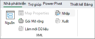 Lệnh XML trên tab Nhà phát triển
