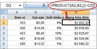 Công thức được hiển thị trong thanh công thức