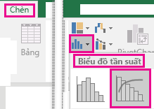 Ảnh chụp màn hình hiển thị biểu đồ Pareto được truy nhập từ tab Chèn.