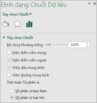 Ngăn tác vụ Định dạng Chuỗi Dữ liệu hiển thị tùy chọn biểu đồ Hộp và Dải dữ liệu trung bình trong Office 2016 cho Windows