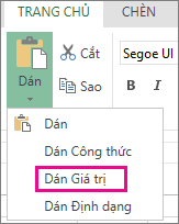 Lệnh dán hiển thị Giá trị Dán trong Excel Web App