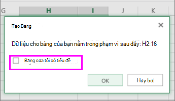 Hộp thoại để chuyển đổi phạm vi dữ liệu thành bảng