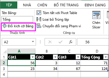 sử dụng tùy chọn đổi kích thước bảng từ Công cụ Bảng