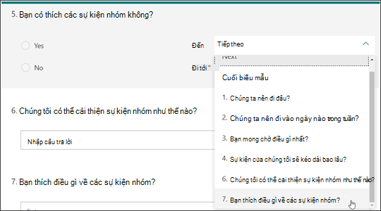 Tạo nhánh cho các câu hỏi khác dựa trên câu trả lời của câu hỏi khác