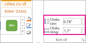 Các hộp Chiều cao và Chiều rộng trên tab Định dạng Công cụ Vẽ