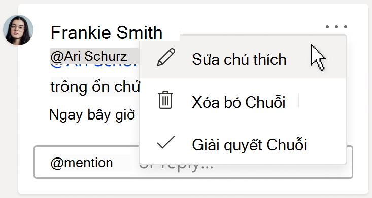 Hình ảnh thẻ chú thích, hiển thị tùy chọn Chỉnh sửa chú thích. Tùy chọn này nằm trong menu thả xuống Thêm hành động chủ đề, có thể tìm thấy ở góc trên cùng bên phải của chú thích.