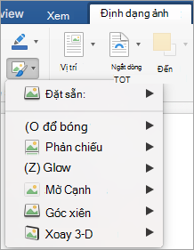 Hiển thị các tùy chọn trên menu Hiệu ứng Ảnh