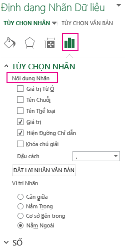 Phần Tùy chọn Nhãn của ngăn Định dạng Nhãn Dữ liệu