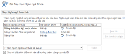 Hộp thoại nơi bạn có thể thêm, chọn hoặc loại bỏ ngôn ngữ Office sử dụng trong các công cụ chỉnh sửa và kiểm lỗi.