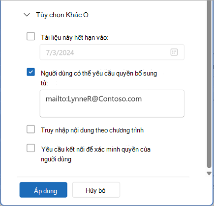 Ảnh chụp màn hình mục Xem thêm Tùy chọn của hộp thoại Quyền.