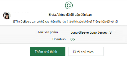 Bảng tính với nút @mention và Thêm chú thích và Đi đến Chú thích