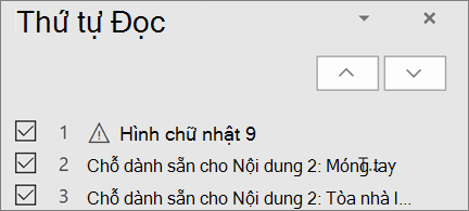 Danh sách các mục theo thứ tự đọc trên trang chiếu với các nút mũi tên lên và xuống để sắp xếp lại chúng