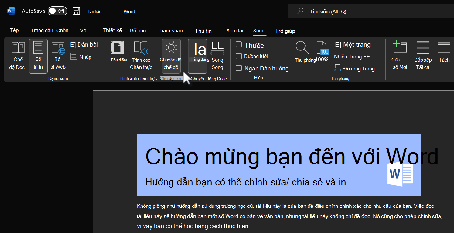 Chuyển đổi chế độ cho tính năng chế độ tối.