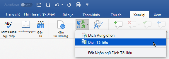 Tab Xem lại với Dịch tài liệu được tô sáng