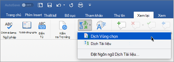 Tab Xem lại với Dịch vùng chọn được tô sáng