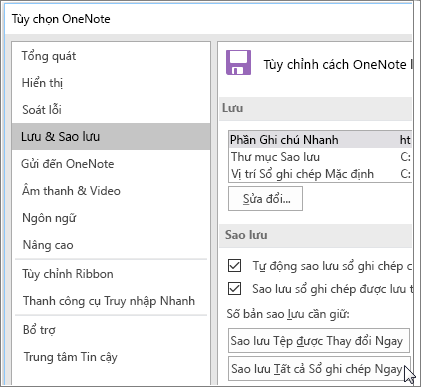 Ảnh chụp màn hình của hộp thoại Tùy chọn OneNote trong OneNote 2016.