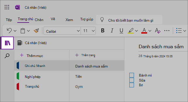 Dạng xem giao diện người dùng web OneNote hiển thị vùng nội dung