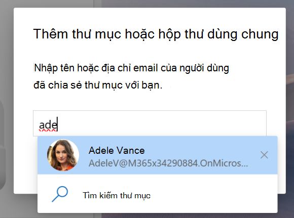 Ảnh chụp màn hình về Chia sẻ với tôi để thêm thư mục hoặc hộp thư dùng chung