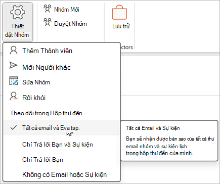 Chọn Cài đặt nhóm từ dải băng rồi chọn các mục bạn muốn theo dõi hoặc hủy theo dõi