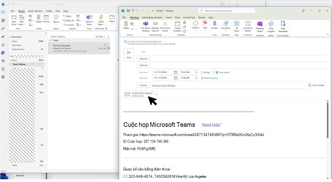 Ảnh chụp màn hình hiển thị thao tác kéo và thả email và tệp đính kèm trong không gian lịch