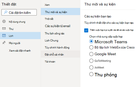 Outlook trên web - chọn nhà cung cấp cuộc họp trực tuyến mặc định