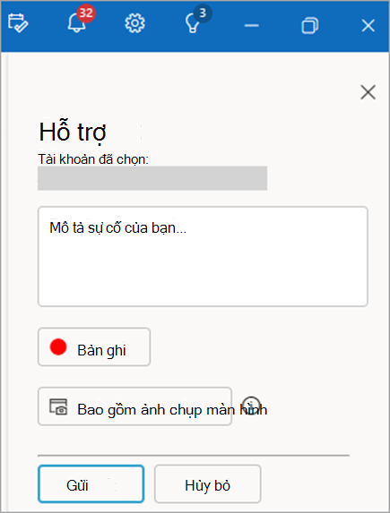 Ảnh chụp màn hình ngăn liên hệ hỗ trợ hiển thị khu vực để cung cấp mô tả về sự cố