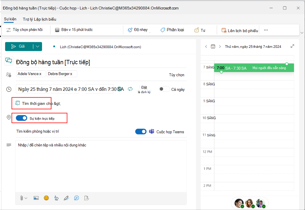 ảnh chụp màn hình hiển thị tùy chọn tìm thời gian khi lên lịch cuộc họp trong Outlook mới