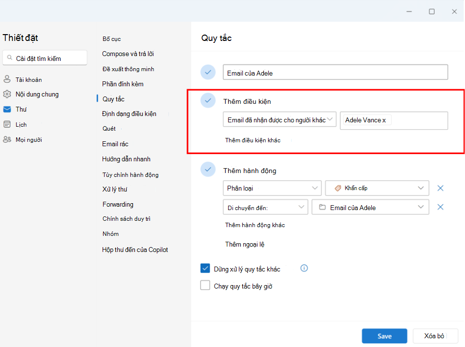Ảnh chụp màn hình hiển thị thiết lập email đã nhận cho những người khác quy tắc cho tài khoản người điều hành