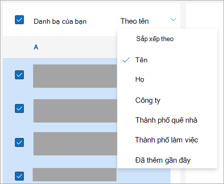 Ảnh chụp màn hình các tùy chọn sắp xếp liên hệ