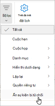 Ảnh chụp màn hình Bộ lọc Calendar hiển thị Ẩn sự kiện bị từ chối từ danh sách thả xuống