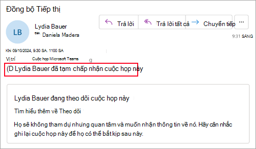 Ảnh chụp màn hình cho những người tổ chức không sử dụng Outlook mới cho biết người dự đã tạm chấp nhận cuộc họp