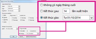 Thay đổi tùy chọn ngày kết thúc cuộc họp lặp lại