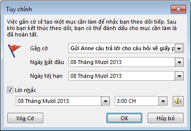 Hộp thoại tùy chỉnh để thiết lập lời nhắc, ngày bắt đầu và thời hạn