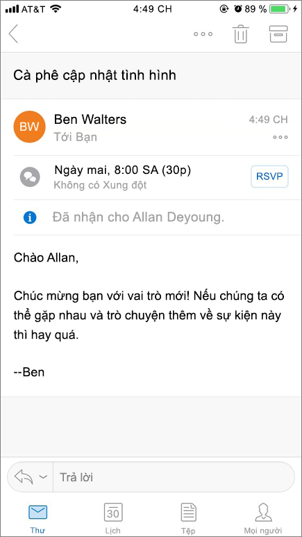 Ảnh chụp màn hình hiển thị màn hình các thiết bị di động với mục thư.