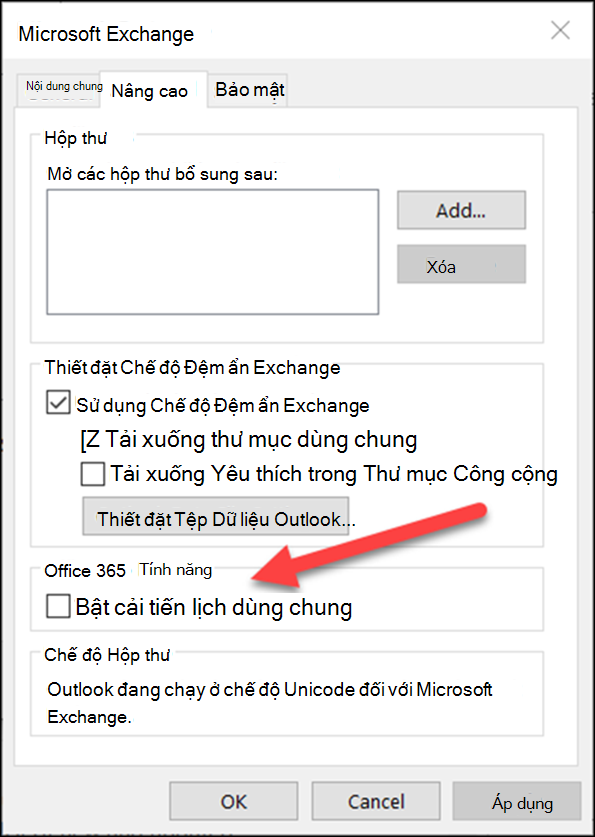 Bạn có thể bật các cải tiến lịch dùng chung bằng một hộp kiểm.