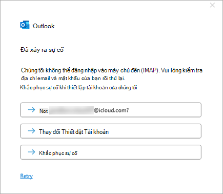 Ảnh chụp màn hình thông báo Đã xảy ra lỗi khi thêm tài khoản iCloud