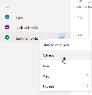 Ảnh chụp màn hình menu ngữ cảnh lịch với với Đổi tên được chọn
