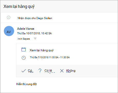 Ảnh chụp màn hình thư mời cuộc họp được gửi đến một đại diện
