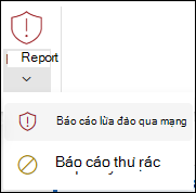 Ảnh chụp màn hình nút Báo cáo với Báo cáo Lừa đảo qua mạng được chọn trong dải băng cổ điển Outlook trên web.