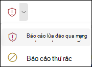 Ảnh chụp màn hình nút Báo cáo với Báo cáo Lừa đảo qua mạng được chọn trong dải băng đơn giản Outlook trên web.