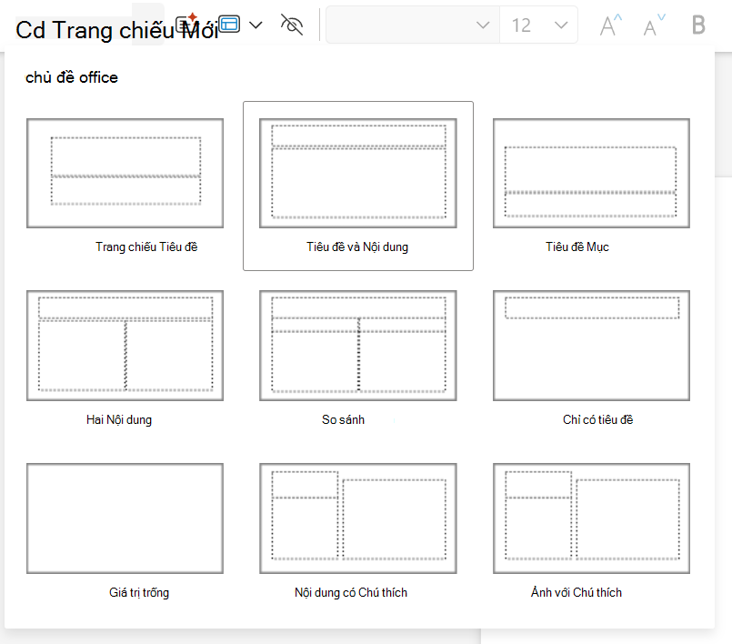 Danh sách thả xuống Trang chiếu Mới trên tab Trang đầu trong PowerPoint cho web