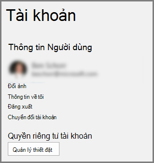Ngăn Tài khoản hiển thị Quyền riêng tư tài khoản, nút Quản lý Cài đặt