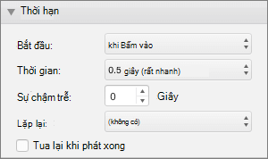 Ảnh chụp màn hình hiển thị phần Đặt thời gian của ngăn Hoạt hình với các tùy chọn Bắt đầu, Thời lượng, Trì hoãn và Lặp lại cùng một hộp kiểm cho Tua lại khi phát xong.