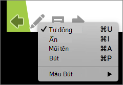 Ảnh chụp màn hình hiển thị các tùy chọn sẵn dùng cho con trỏ được sử dụng trong trình chiếu. Các tùy chọn là Tự động, Ẩn, Mũi tên, Bút và Màu Bút.
