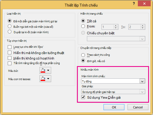 Tùy chọn màn hình trong hộp thoại Thiết lập Trình chiếu